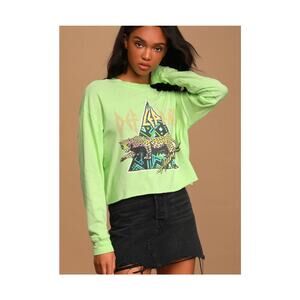 Daydreamer Women's Def Leppard Long Sleeve Graphic T-Shirt Green Crop LARGE